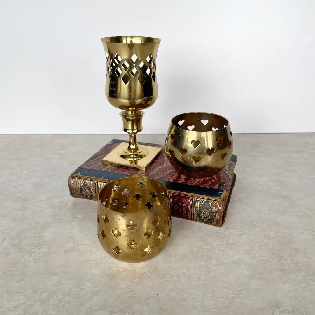 Vintage Brass Tealight Candle Holders, Cutout Votive Set of 3 | Etsy (US)