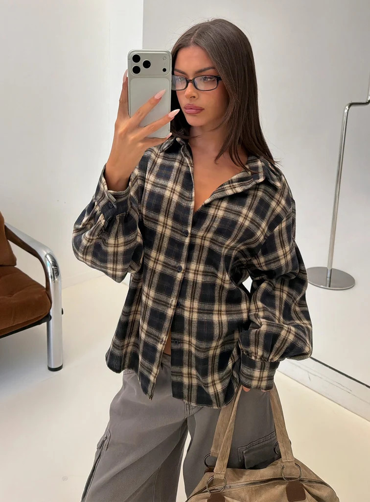 Caydence Long Sleeve Button Down Flannel Top Check Multi | Princess Polly US