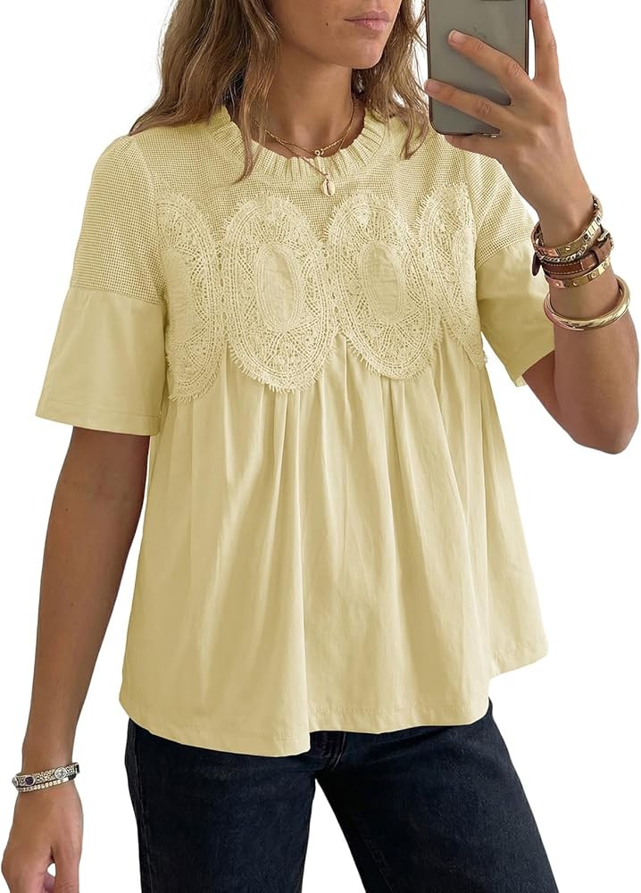 Dokotoo Women's Lace Blouse Elegant Flared Swing Tops Crew Neck Short Sleeve Textured Embroidered... | Amazon (US)