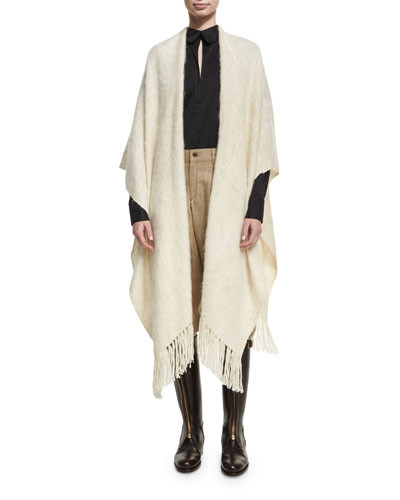 Wool Ruana Shawl with Contrast Stitching, White | Bergdorf Goodman