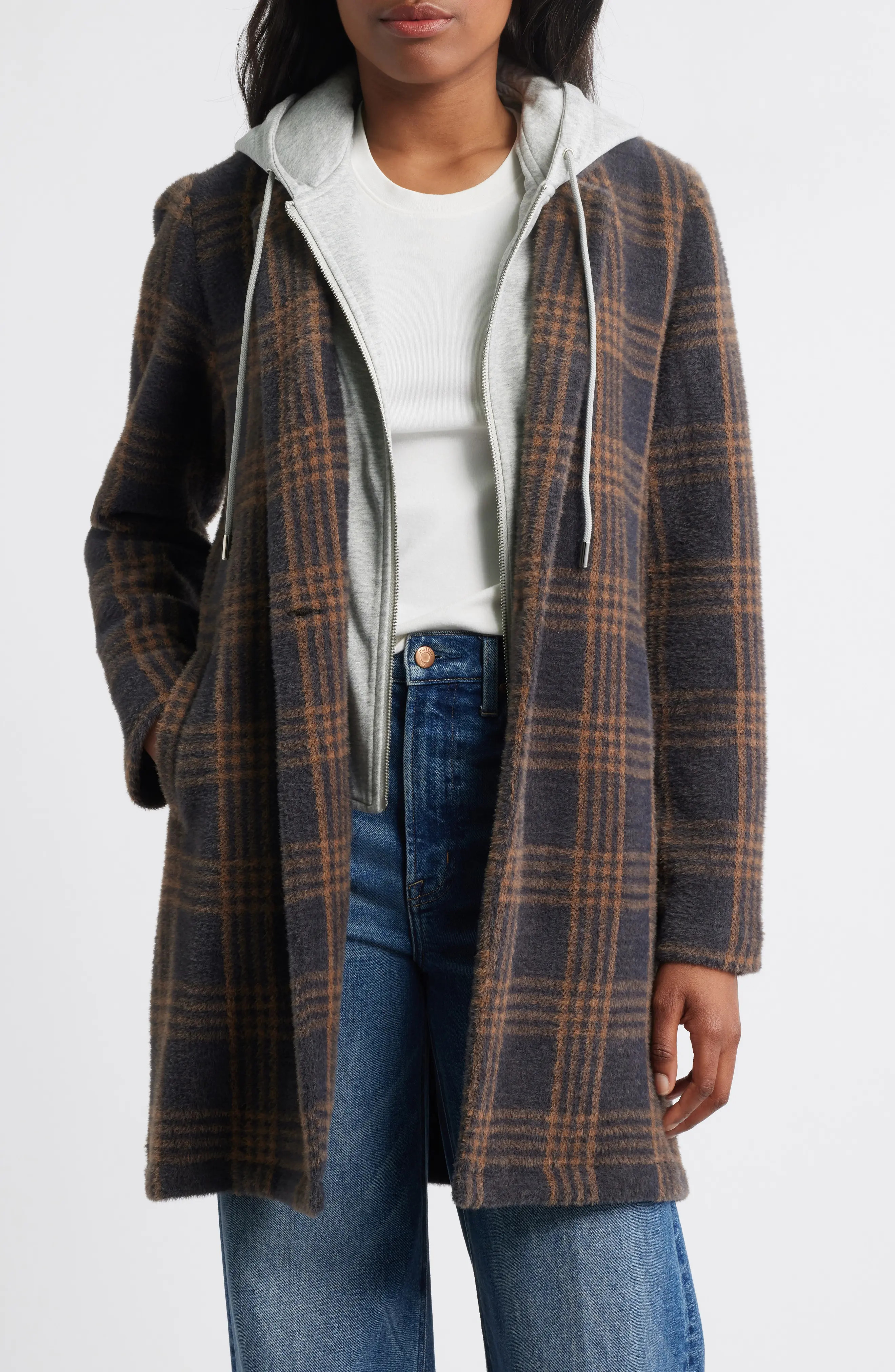 Thread & Supply Plaid Coat with Bib Hoodie (Women) | Nordstrom | Nordstrom