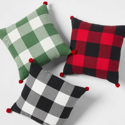 Buffalo Check Reversible Square Christmas Throw Pillow with Pom-Poms - Wondershop™ | Target