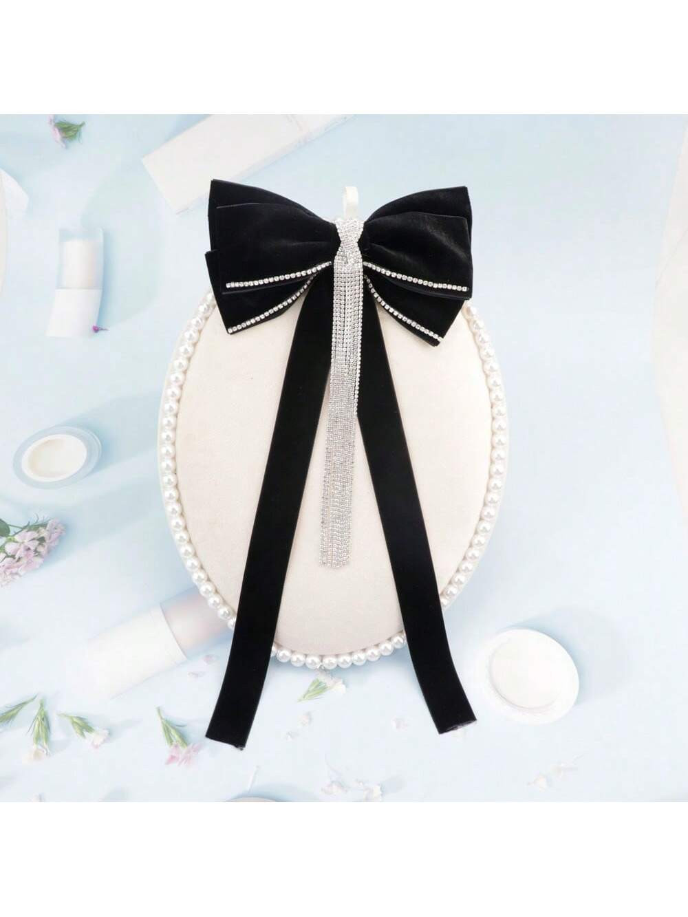 1 women's bow knot long diamond streamer black high-grade velvet hairpin retro palace style sprin... | SHEIN