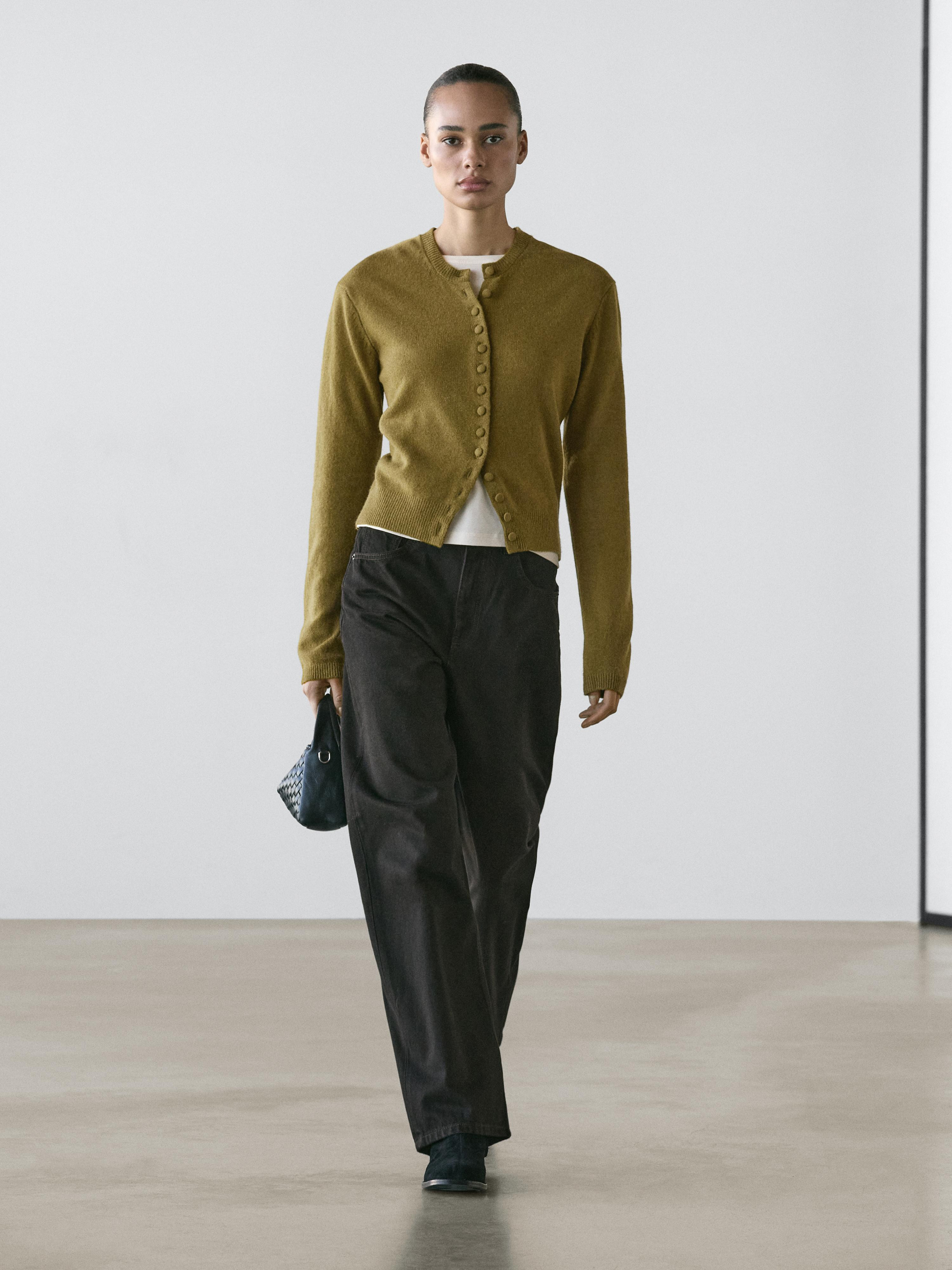 Wool knit cardigan with covered buttons | Massimo Dutti UK