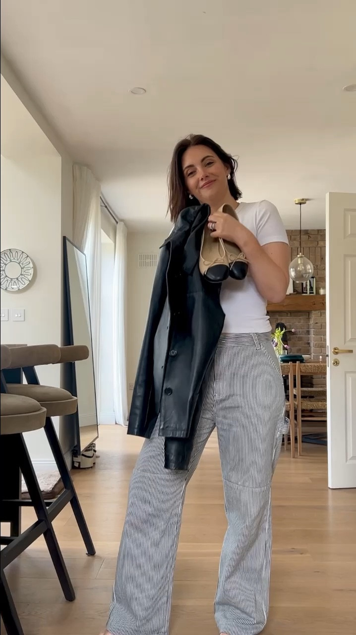 Striped trousers, leather blazer, Chanel ballet flats, white ribbed tee, brown suede bag 

#LTKstyletip #LTKhome #LTKover40