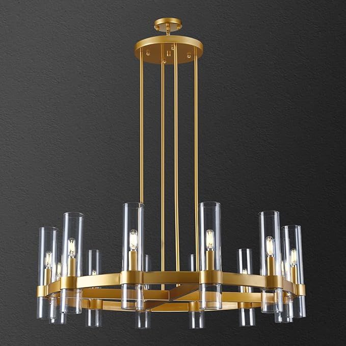 12-Light Brass Round Chandelier 36" Gold Chandeliers for Dining Room Light Fixture Clear Glass Tu... | Amazon (US)