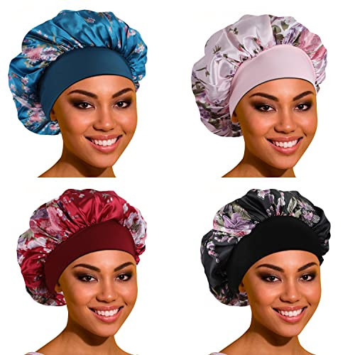 ROYBENS Satin Bonnet Hair Bonnet for Sleeping- 4 Pack Large Bonnets for Women with Elastic Soft Band for Curly Hair Braids | Amazon (US)
