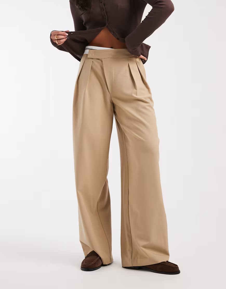 ASOS DESIGN DECON tailored wide leg deconstructed contrast waistband pants in cumin-Brown | ASOS (Global)