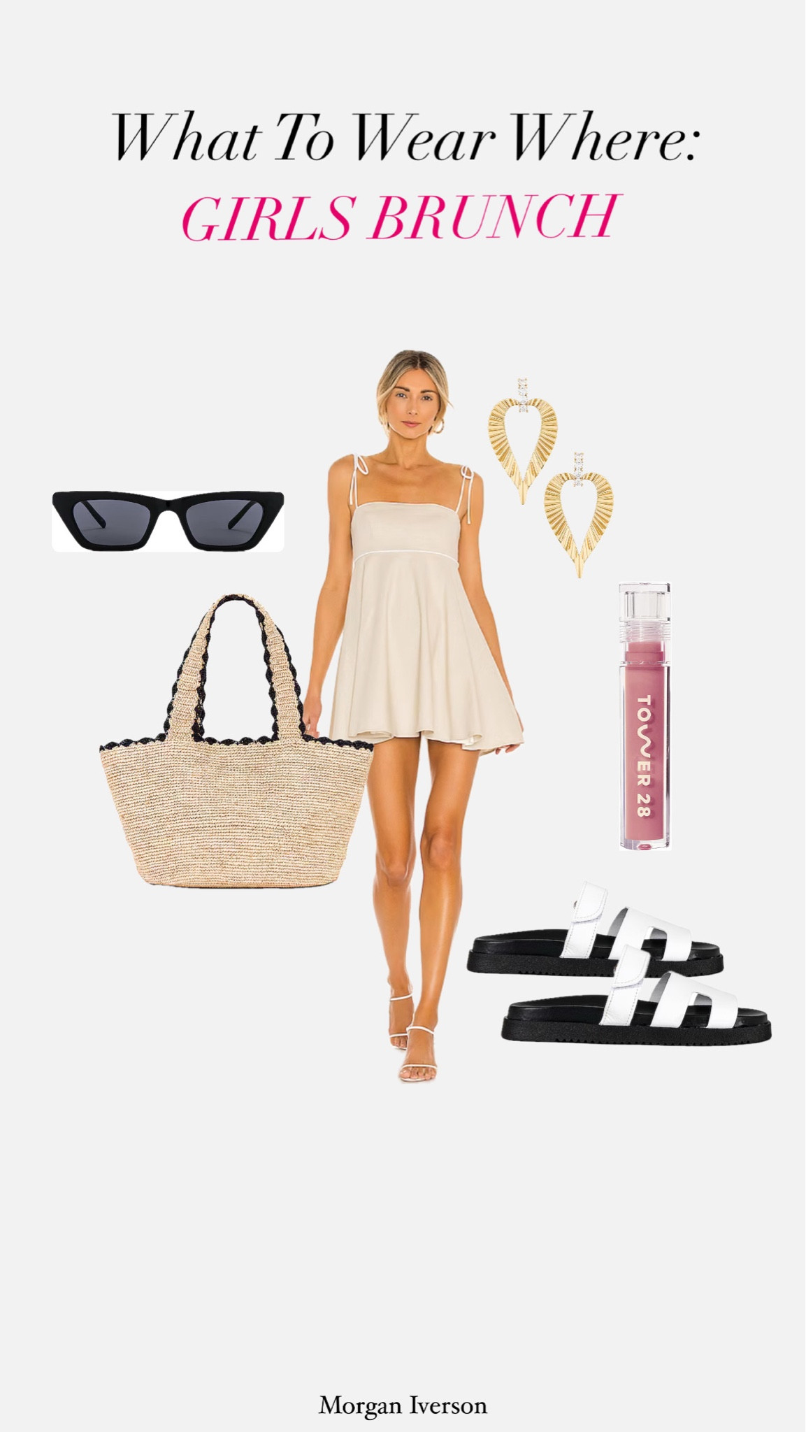 What to Wear Where : Girls Brunch #morganiverson #summer #dress #mini #jewelry #sunnies #bag #sandals #lips 

#LTKStyleTip #LTKFindsUnder100