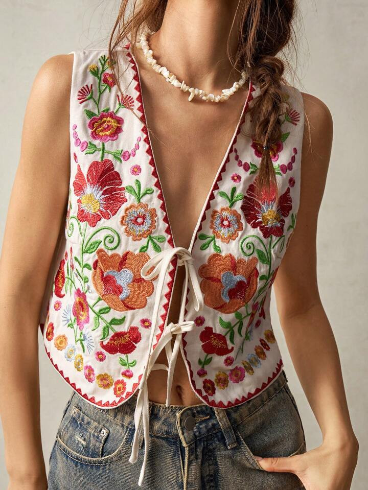 Bohemela Women's Sleeveless Front Tie Floral Embroidered Minimalist Casual Top,Ladies Boho Asymme... | SHEIN