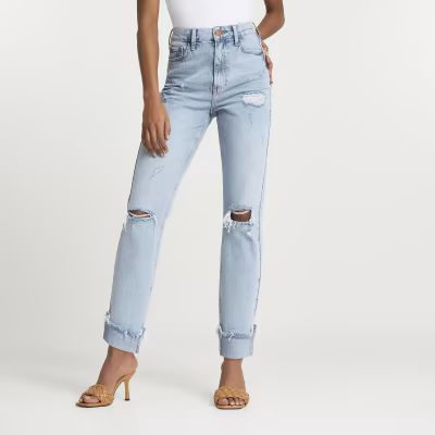 Blue bum sculpt ripped high waisted mom jeans | River Island (UK & IE)