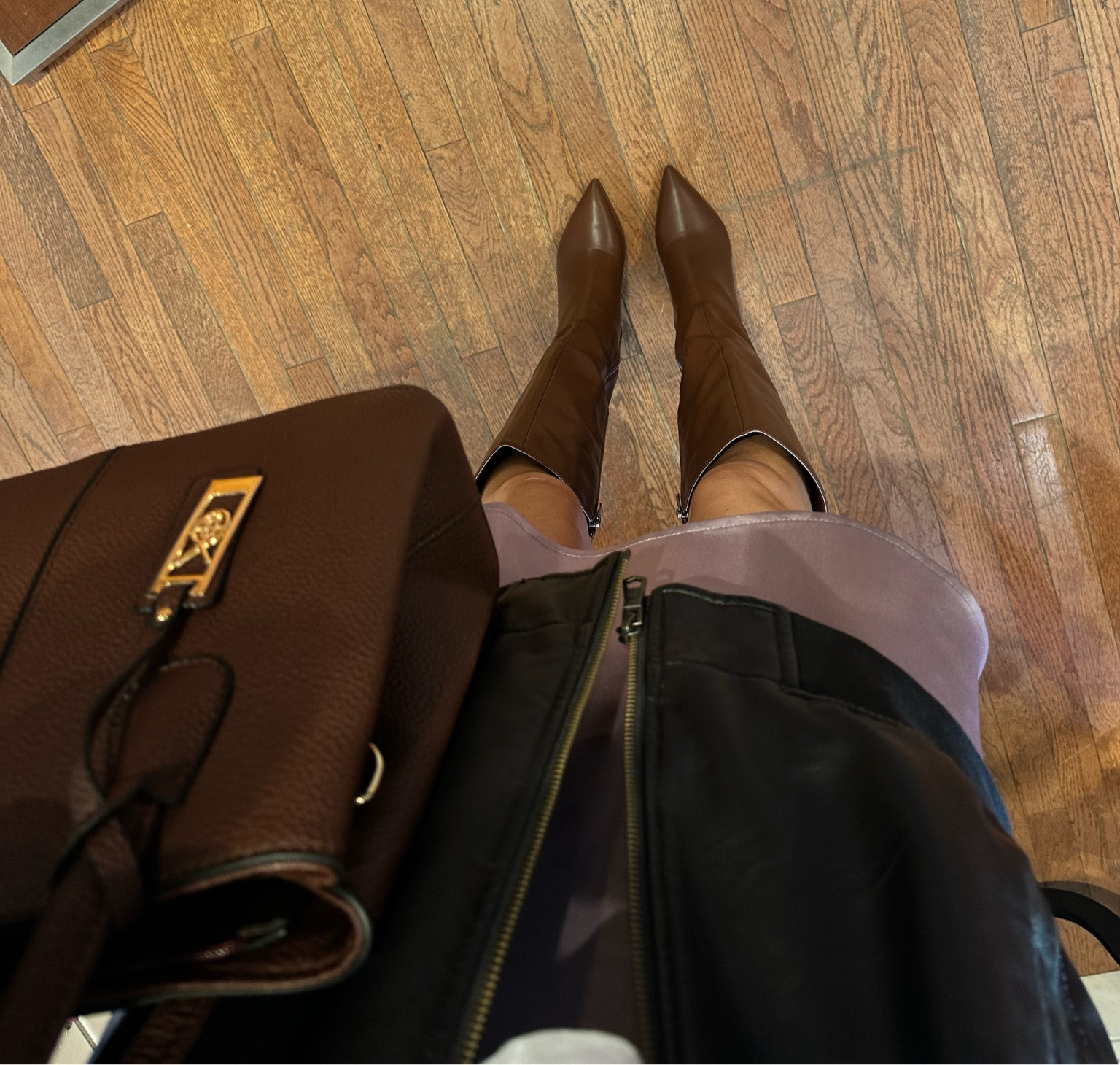 Boots for fall, below the knee brown leather boots, boots to wear with skirts, fall boots to pair with skirt, low heel leather boots, brown low heel leather point toe boots, knee high point toe boots, satin skirt, fall satin skirt, mini skirt for fall, autumn mini skirt, burgundy handbag, fall faux leather handbag 👛🍠🍂🖤

#LTKCyberWeek #LTKGiftGuide #LTKsalealert