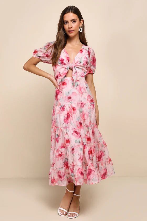 Darling Event Pink Floral Print Tiered Tie-Front Midi Dress | Lulus