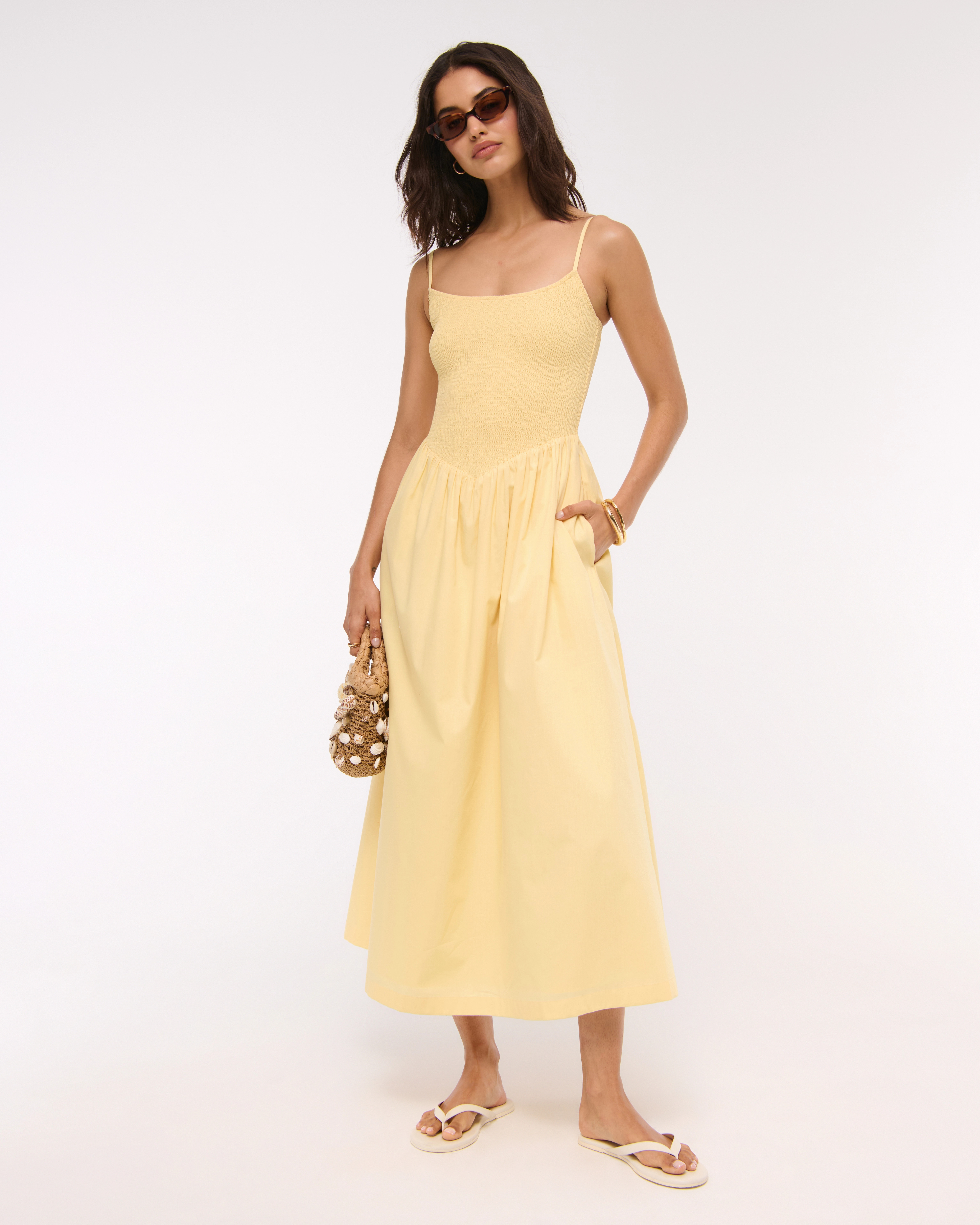 A&F Sydney Smocked Dipped-Waist Midi Dress | Abercrombie & Fitch (US)