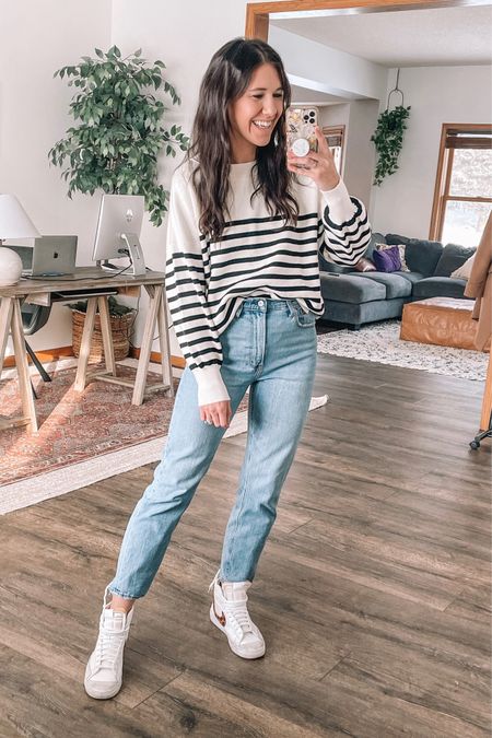 Amazon fashion oversized sweater, small
Abercrombie jeans, ankle jeans
Nike sneakers, high top sneakers

Valentine’s Day outfit
Spring outfits, spring outfit 
Winter outfit
White sneakers 
Abercrombie and Fitch
Ankle jeans 

#LTKunder100 #LTKstyletip #LTKFind