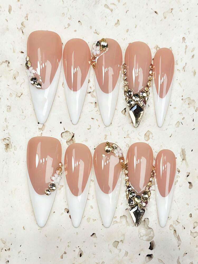 10Pcs Handmade Salon Quality Long Stiletto Press On Nails, Cute Minimalist Nail Art With Nude & White Hand Painted French Tip Design, Champagne Rhinestone & White Flower Decor, Reusable Acrylic Fake Nail Set For Daily Wear & Valentine's Date Nail Supplies | SHEIN