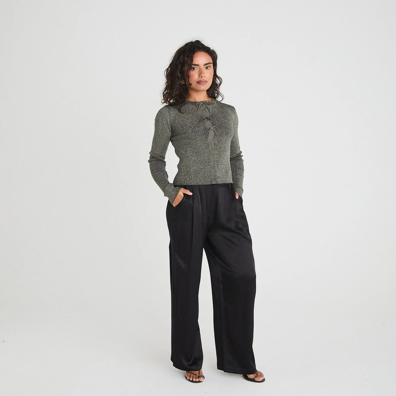 BOW DETAIL KNIT CARDIGAN - SILVER | WAT The Brand