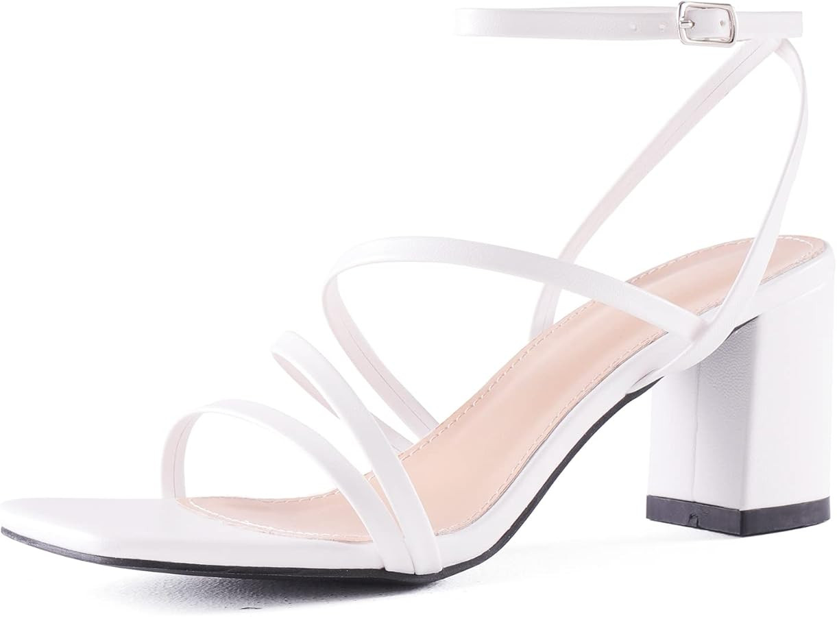 LACUONE Women's Mid Heels Square Toe Chunky Block Heeled Strappy Ankle Buckle Pump Sandals | Amazon (US)