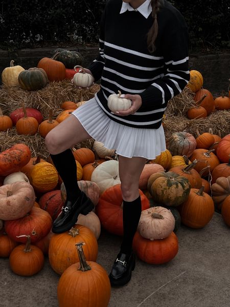 Fall fashion, fall outfits, loafers, pumpkin patch outfit, striped sweater, sweater and skirt, knee high tights

#LTKSeasonal