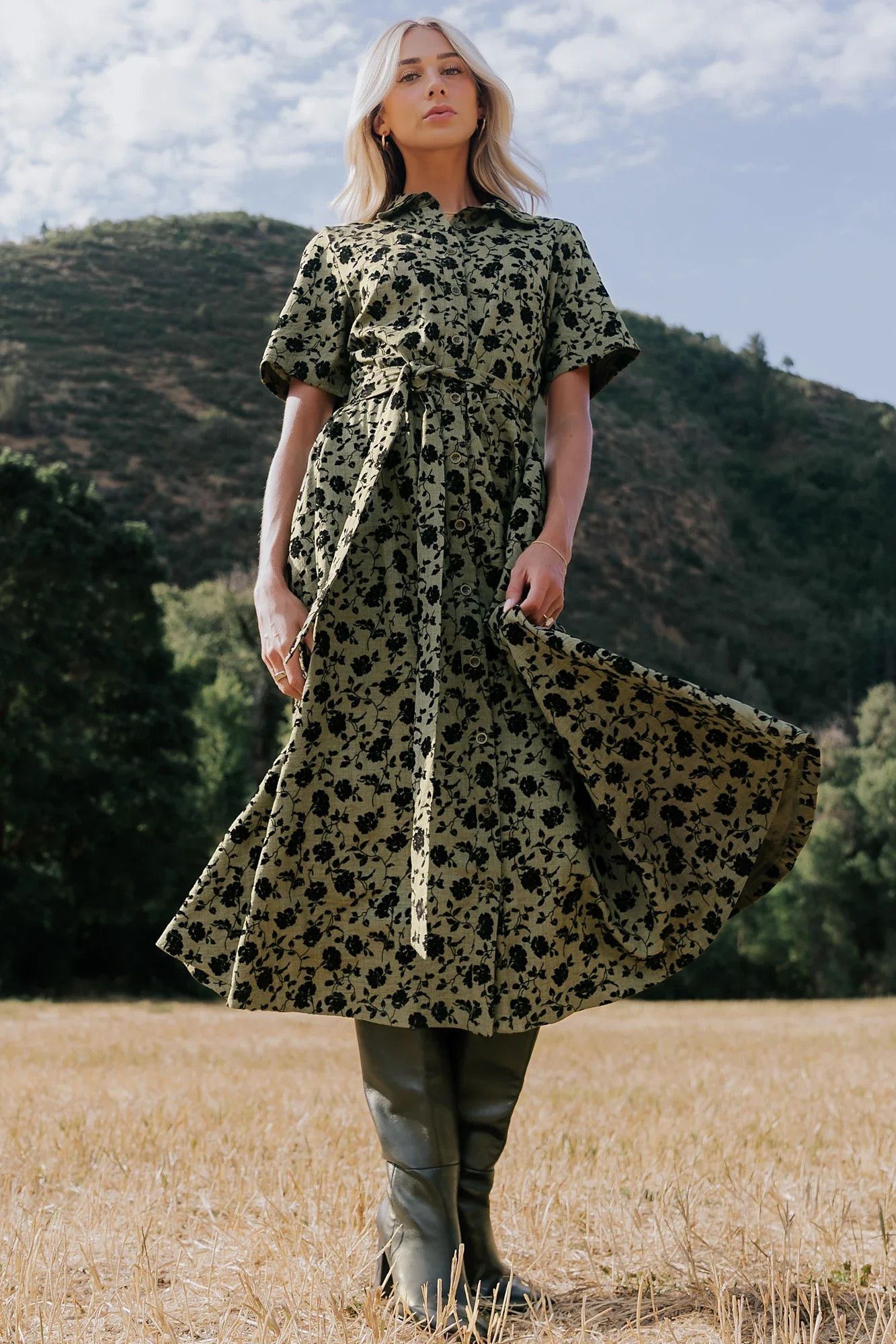 Kristen Button Up Dress | Deep Olive Floral | Baltic Born