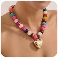 Chunky Beads Necklace for Women Trendy Gold Puffy Heart Choker Necklace Colorful Resin Beaded Hea... | Amazon (US)