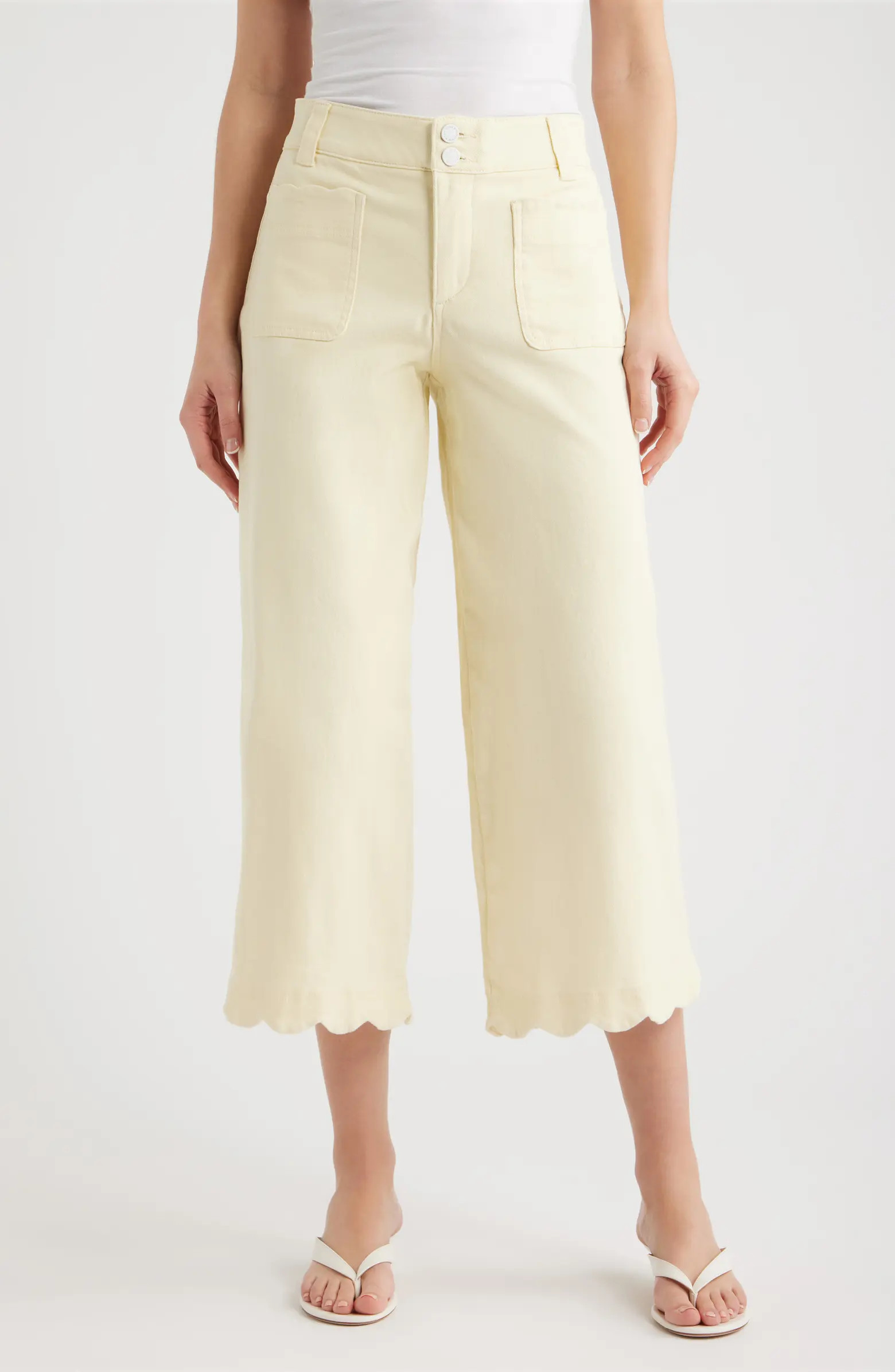 Scallop Patch Pocket High Waist Crop Wide Leg Twill Pants | Nordstrom