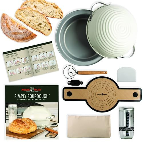 Nordic Ware Simply Sourdough™ Complete Bread Baking Kit BAKING PAN INCLUDED, Dual use Banneton lid, 22pg Guide book w/Recipes, Danish Whisk, Starter Jar, Cutter, Lifting Mat, Scraper, Cotton Liner | Amazon (US)