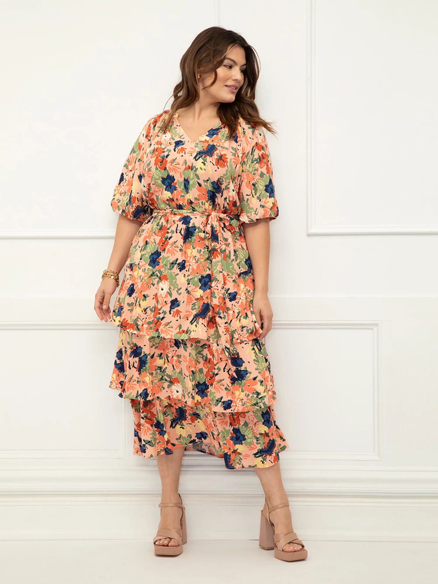 ELOQUII Elements Women's Plus Size Tiered Midi Dress With Tie - Walmart.com | Walmart (US)