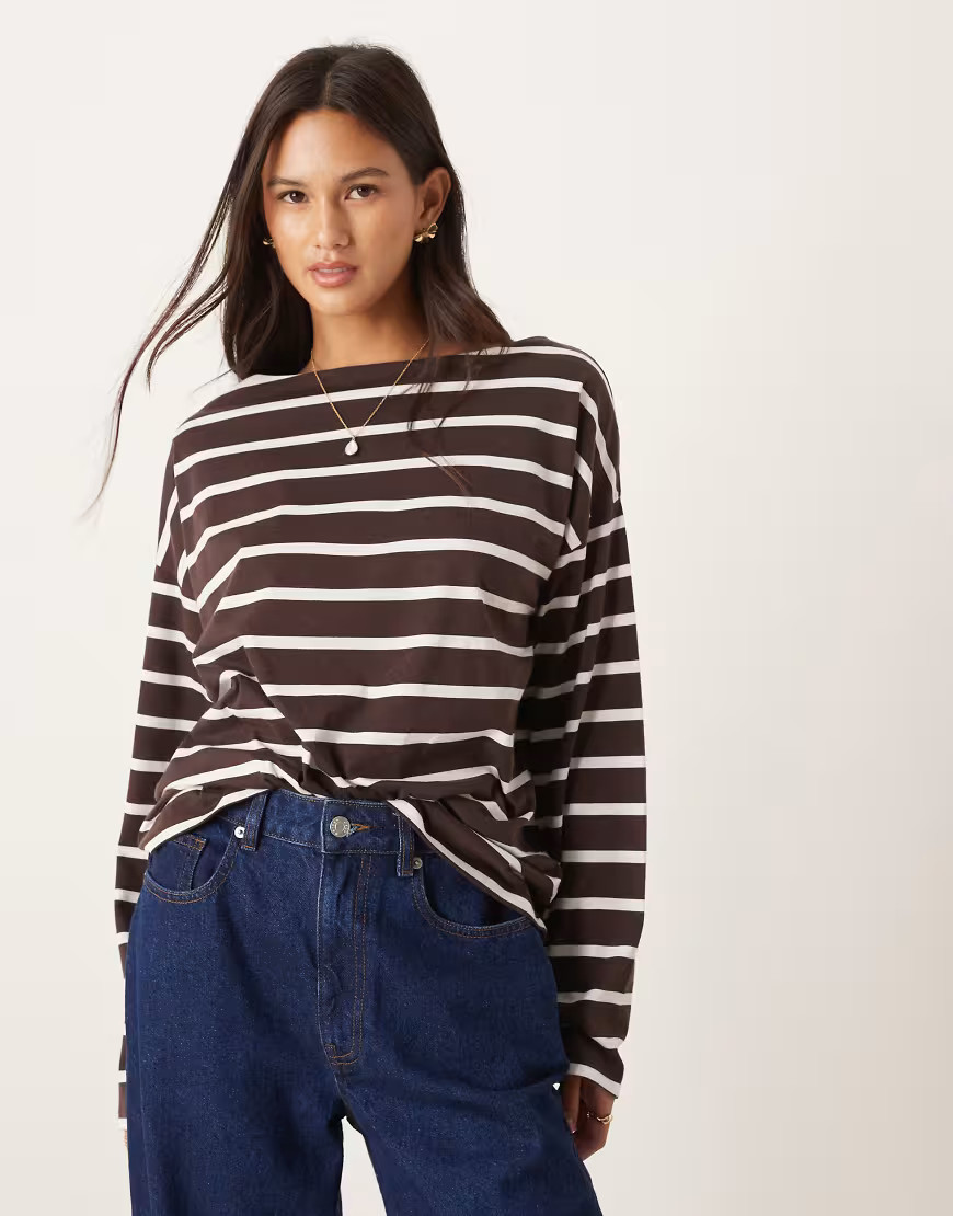 ASOS DESIGN wide sleeves striped top in brown | ASOS (Global)