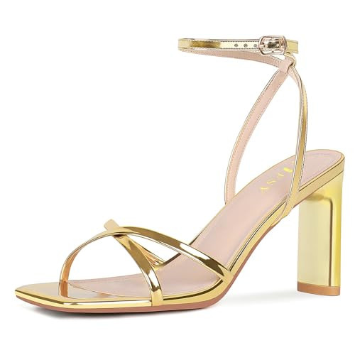 FIFSY Women's Sandals Ankle Strap High Heel Sexy Strappy Sandals Open Toe Heels 3 in Inch Square Toe Heeled Sandals for Women Gold US9.5 | Amazon (US)