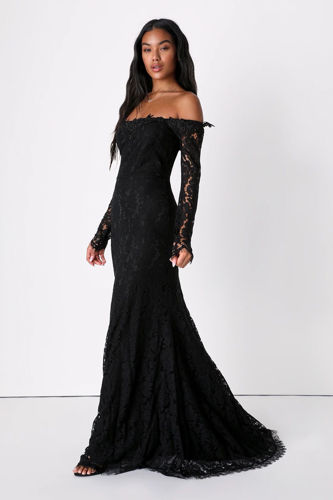 Romance Dreamer Black Lace Off-the-Shoulder Maxi Dress | Lulus (US)