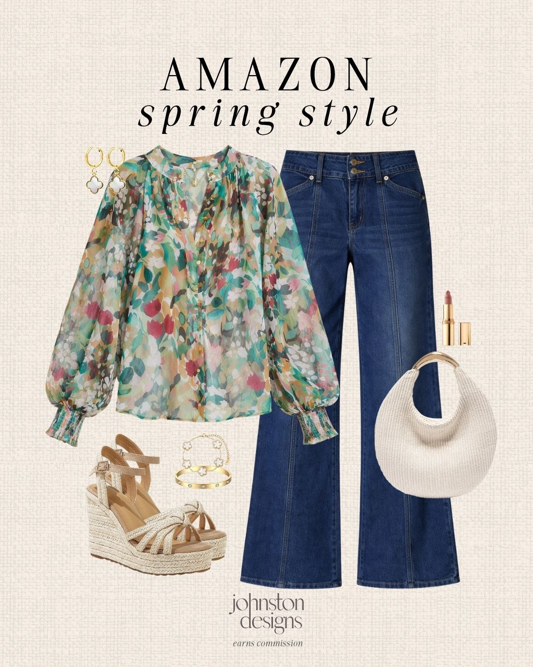 Amazon spring outfit that looks way more expensive than it is! 🌿 This flowy floral blouse + dark denim combo is so flattering and easy to dress up with wedges and gold details.

Amazon fashion finds, spring floral blouse, dark wash flare jeans, wedge sandals outfit, woven hobo bag, gold jewelry styling, elevated casual look, feminine spring outfit, affordable outfit ideas, everyday chic style, spring event. 

 #LTKootd