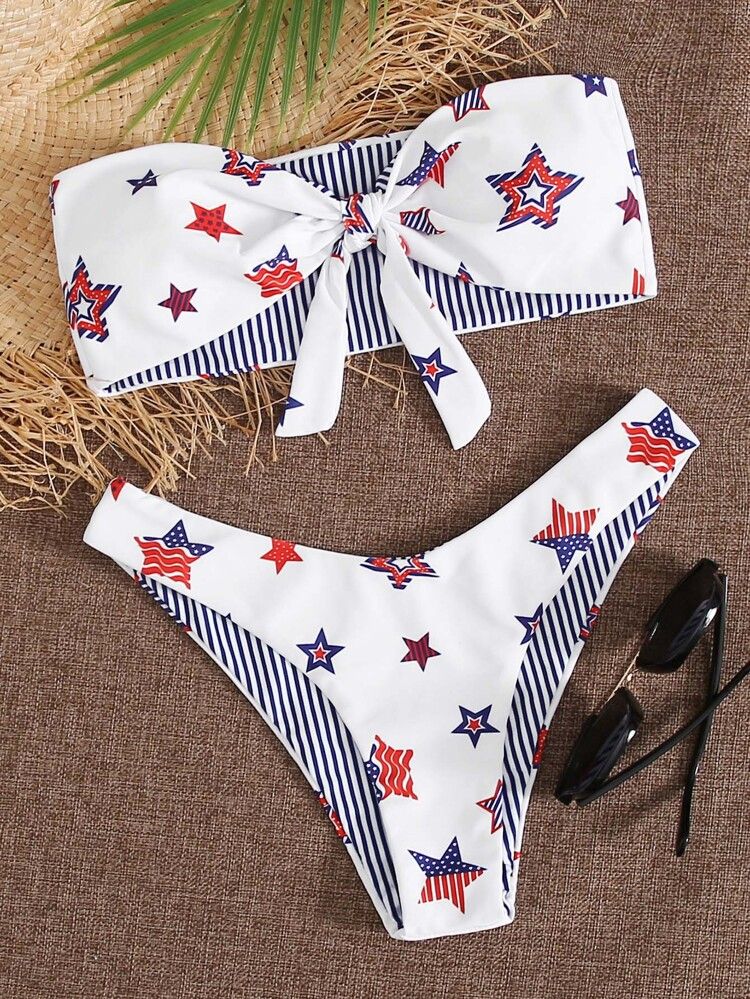 American Flag Print Knot Front Bandeau Bikini Swimsuit | SHEIN