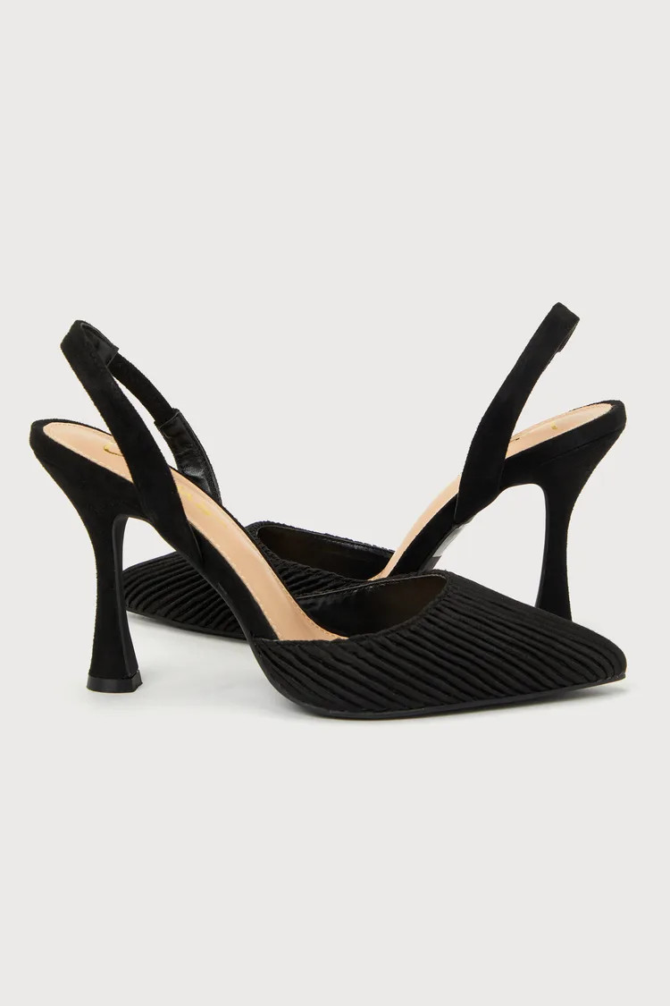 Rhoads Black Pleated Satin Pointed-Toe Slingback Pumps | Lulus