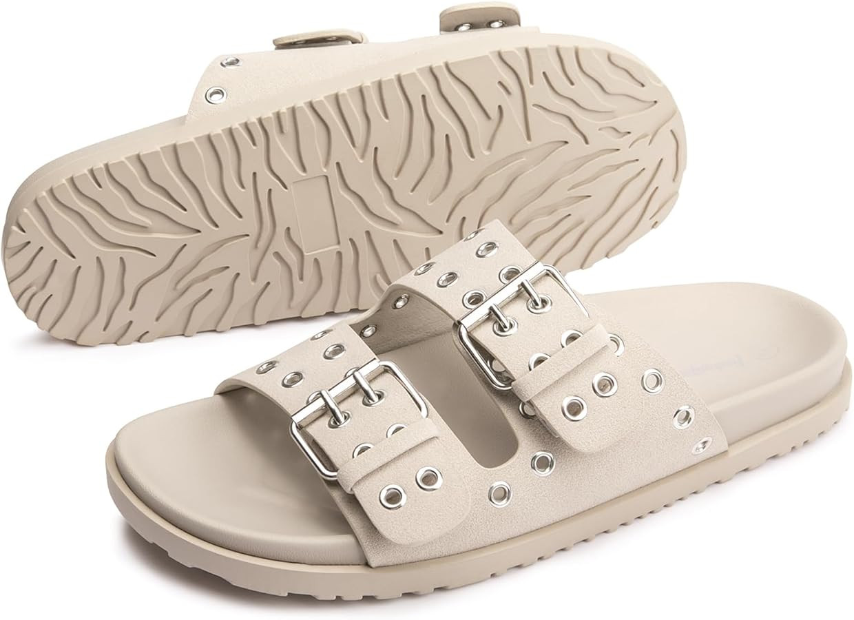 FUNKYMONKEY Women's Eyelets Adjustable Double Strap Slides Slip On Comfort Flat Sandals for Summe... | Amazon (US)