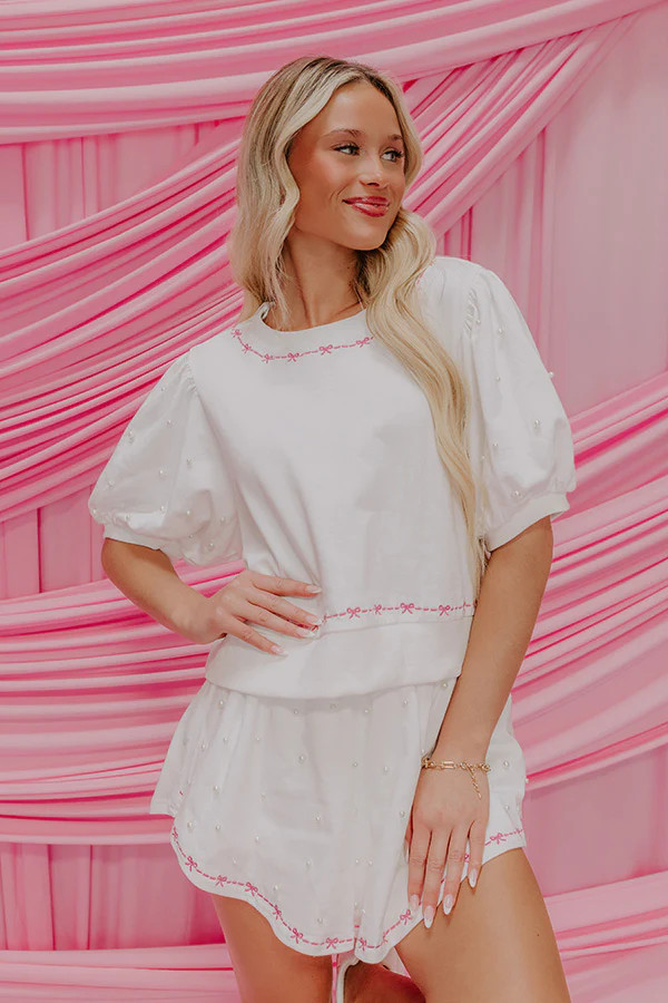 Bows And Kisses Pearl Embellished Top in White | Impressions Online Boutique