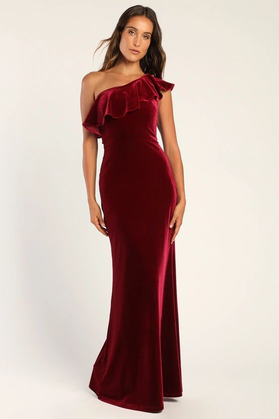 Flawlessly Fabulous Burgundy Ruffled One-Shoulder Maxi Dress | Lulus (US)