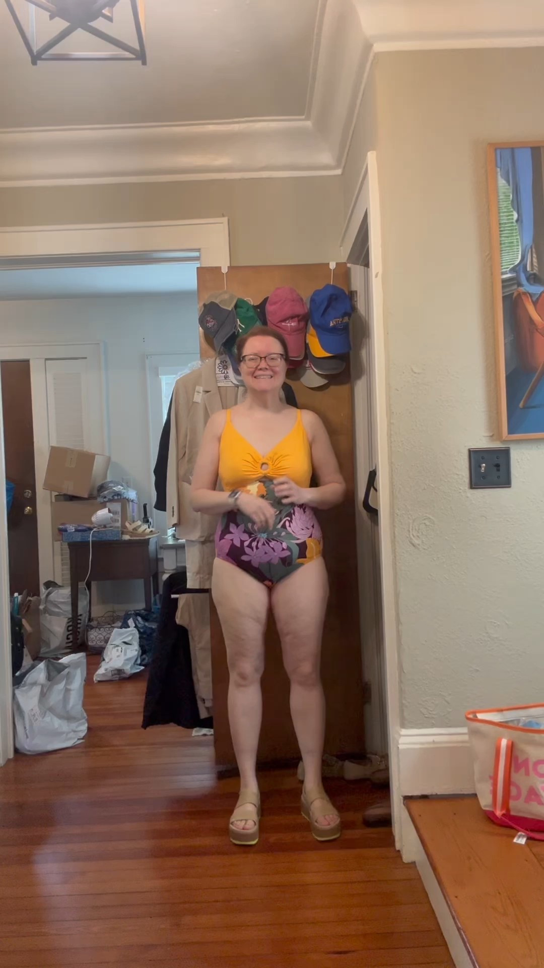 Sale alert 50% off everything at LANDSEND.  Bright, colorful, tropical one piece Swim suit fit best in size 10.  This is size 14 but exchanged for a 10.  Comes in a blue pattern in addition to this pattern. Loads of compression to help trim tummy area.  Not much support and no underwire.  I’m only. 36b so it was enough for me but fyi if you’re bigger busted than I am. Grab these while they’re on sale! Two strategic cut outs make this more fun than a plain one piece suit. Almost looks to be a two piece. Fit on this suit was TTS unlike some of the other LANDSEND suits. Platform water shoes are from reef and are amazing!  I own every color!  Those run big so size down one half size in the sandal. 

#LTKMidsize #LTKSeasonal #LTKSaleAlert