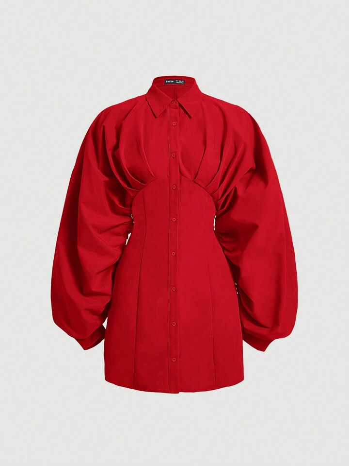 SHEIN MOD Women's Lantern Sleeve Pleated Shirt Dress | SHEIN