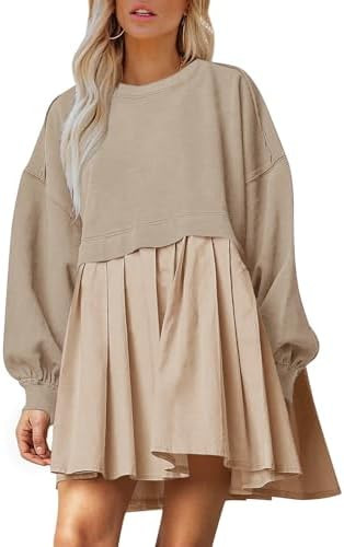 Dokuritu Sweatshirt Dress Women Crew Neck Long Sleeve Patchwork Pullover Tops Flowy Oversized Swe... | Amazon (US)