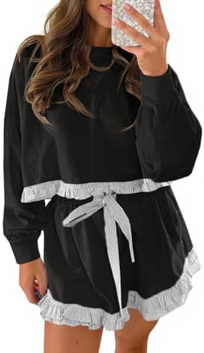 Fisoew Women's 2 Piece Lounge Sets Color Block Ruffle Cropped Sweatshirts Loose Drawstring Waist ... | Amazon (US)