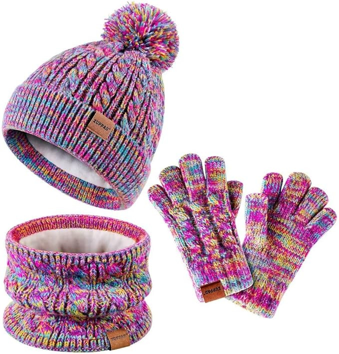 Kids Winter Hat Gloves Scarf Set,Girls Toddler Children Hats Beanie with Pom Knit Neck Warmer Gai... | Amazon (US)
