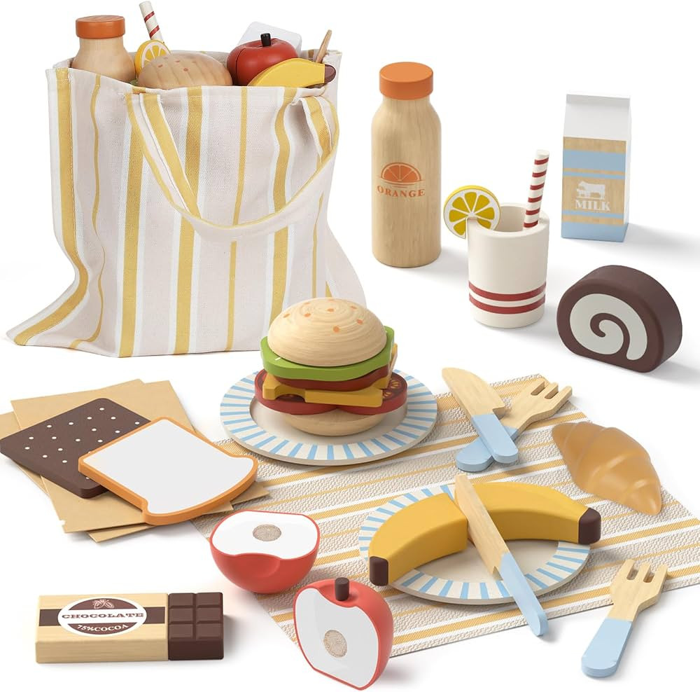 Lehoo Castle Play Food Sets for Kids Kitchen, Wooden Toys Food for Toddlers 1-3, Pretend Picnic P... | Amazon (US)