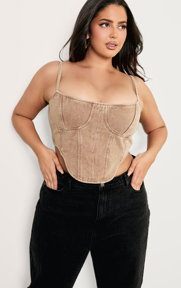 Plus Brown Washed Denim Dipped Hem Corset Top | Plus Size | PrettyLittleThing US