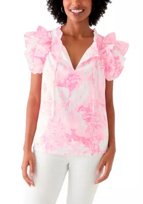 Women's Split Neck Tie Front Ruffle Sleeve Top | Belk