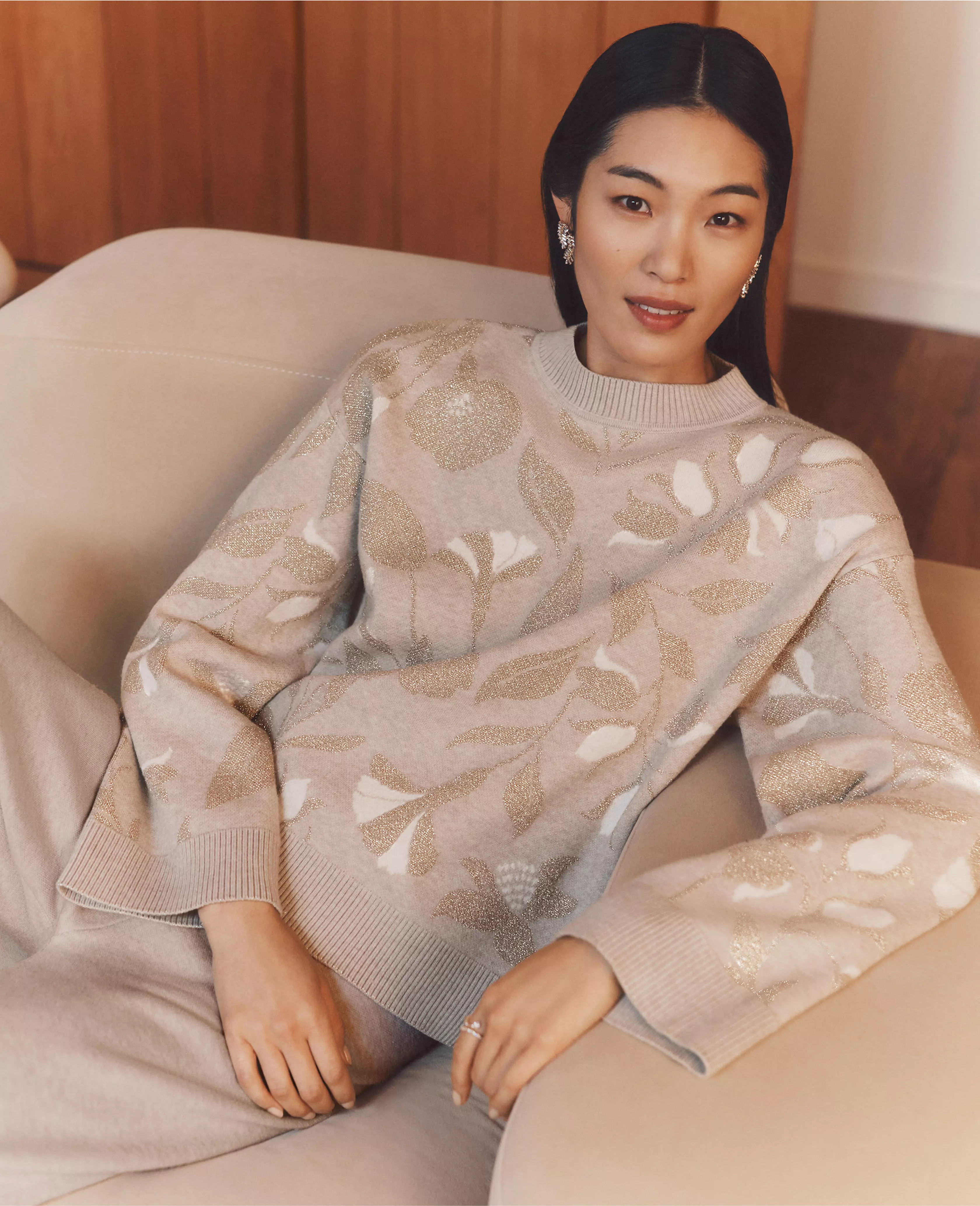 Petite Shimmer Floral-Trimmed Sweater | Ann Taylor