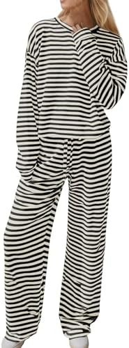 MISSACTIVER Women's Striped 2 Piece Lounge Set Casual Long Sleeve T-Shirt Drawstring Wide Leg Pan... | Amazon (US)