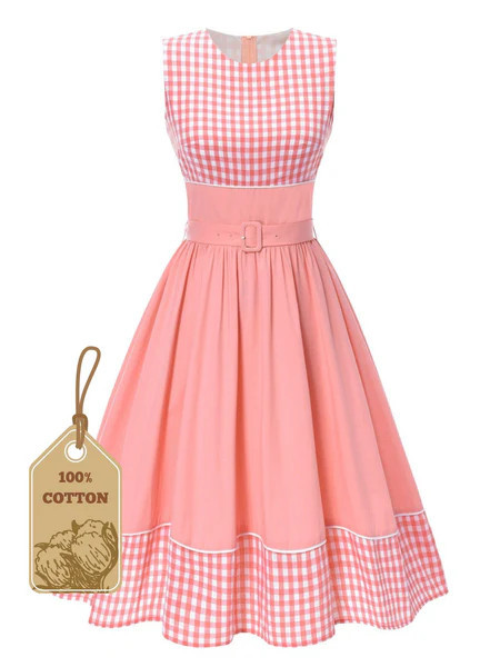 Pink 1950s Gingham Plaid Patchwork Cotton Dress | Retro Stage