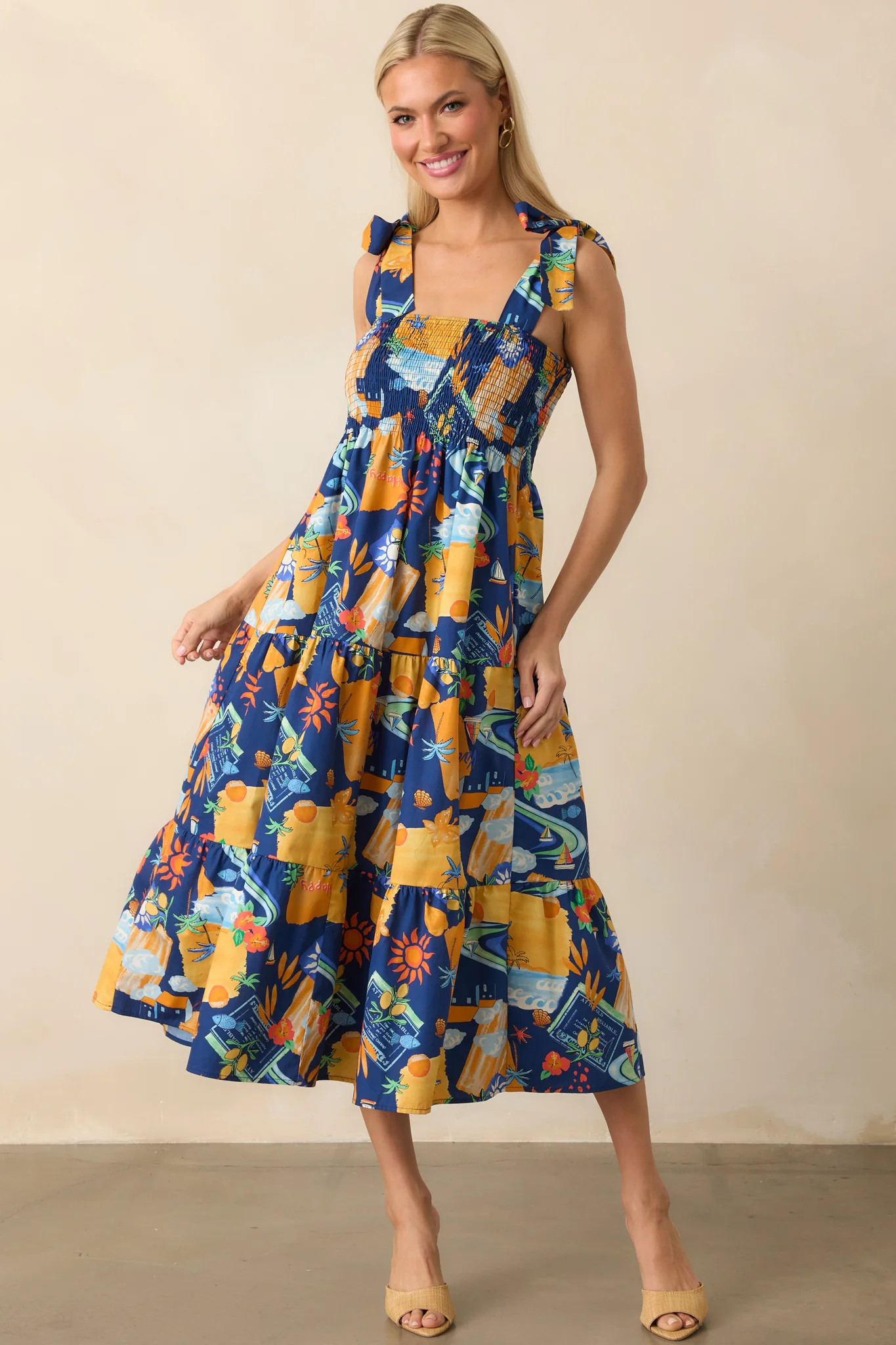 Need A Different View Navy Tropical Print Rayon Midi Dress | Red Dress
