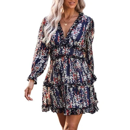 Dokotoo Women s Navy Blue Long Sleeve Dress Deep V Neck Casual Short Dresses Size Medium US 8-10 | Walmart (US)